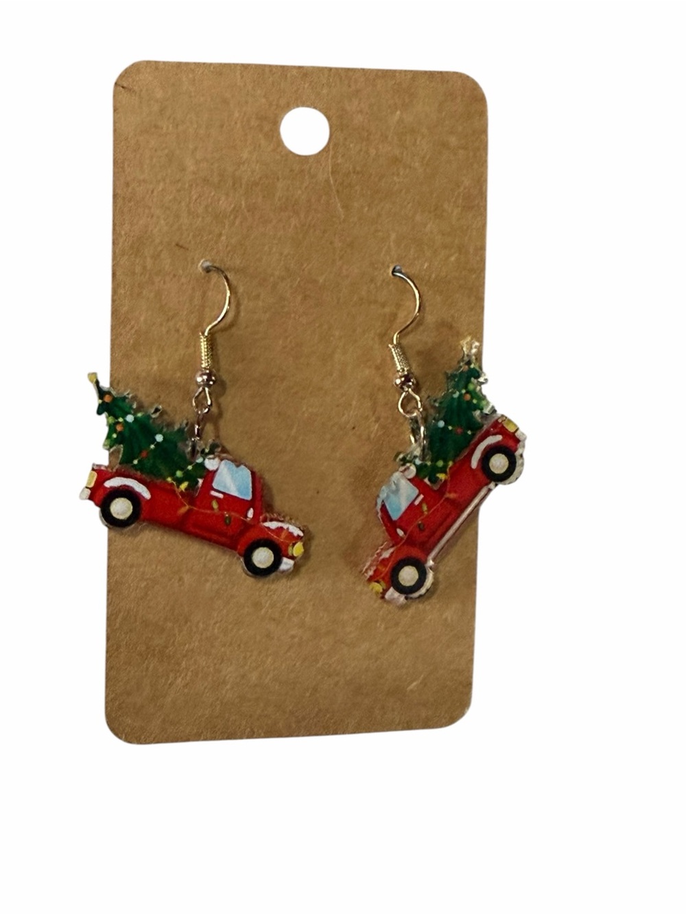 Holiday Red Truck Christmas Tree Dangle Earrings